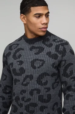 Pull tricoté ajusté à jacquard léopard Jumper