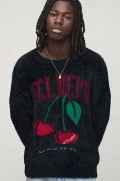 boohooMAN Pull tricoté Boxy Cherry Graphic extrême et très duveteux<Homme Maille|Mailles