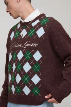 Pull tricoté à coupe boxy, brodé de motifs en diamant