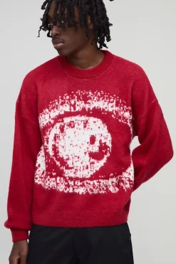 Pull tricoté jacquard décontracté à coupe carrée, brossé et orné d’un motif œil graphique.