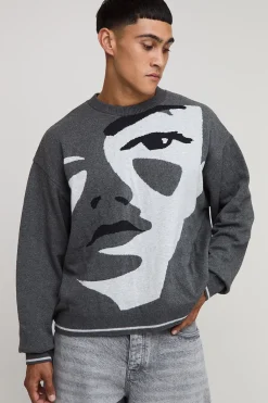 Pull tricoté jacquard oversize à coupe carrée
