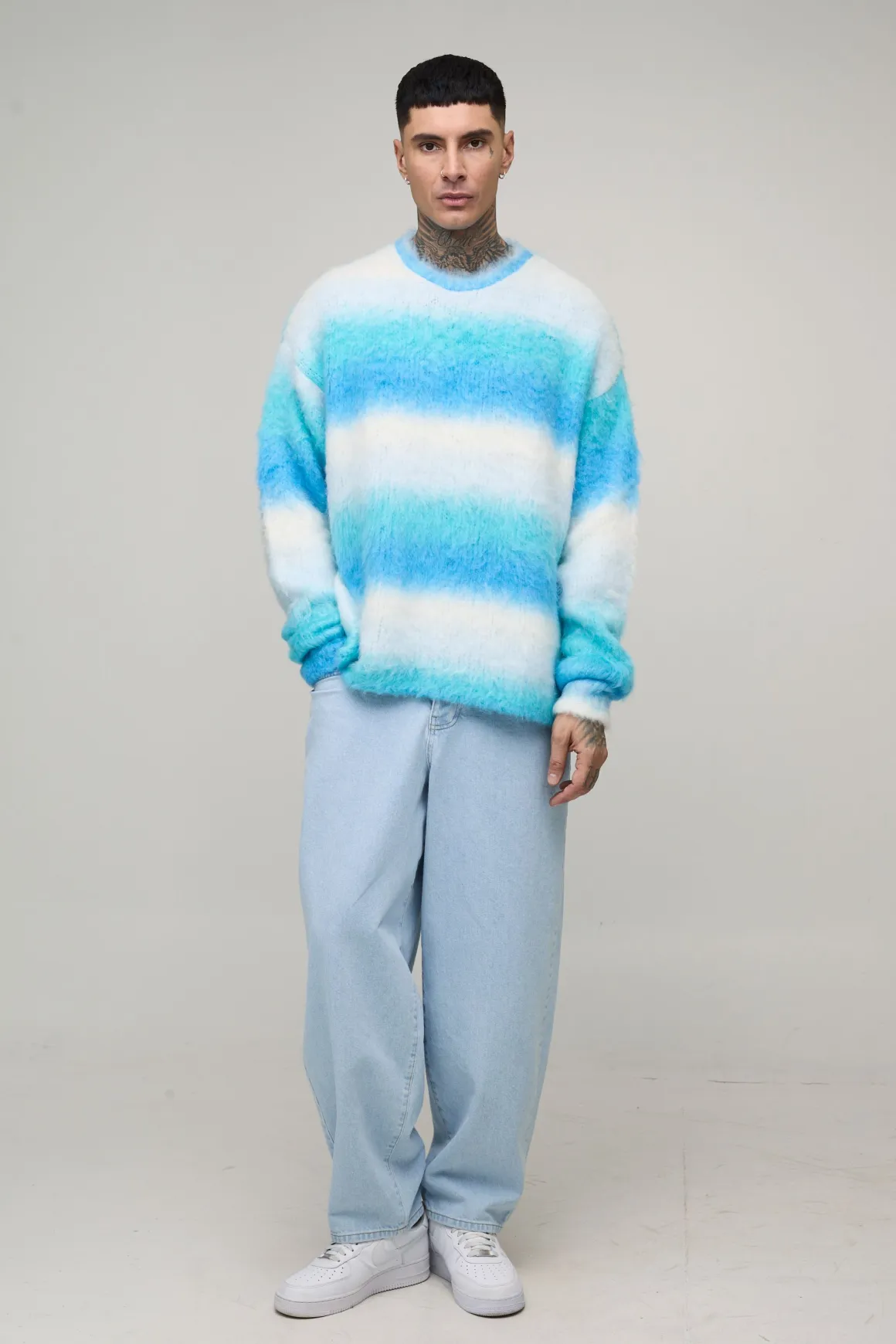 Pull tricoté long, boxy et oversize à rayures brossées