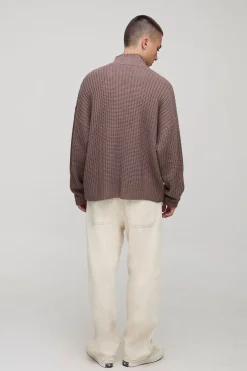 boohooMAN Pull tricoté oversize boxy de style pêcheur à côtes avec col entonnoir<Homme Sweats À Capuche Et Sweatshirts|Sweats À Capuche Et Sweats