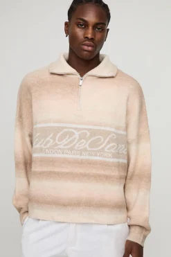 Pull tricoté oversize à coupe carrée, rayures ombrées graphiques, col entonnoir