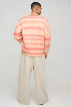 Pull tricoté oversize, coupe carrée, rayures brossées et col en V