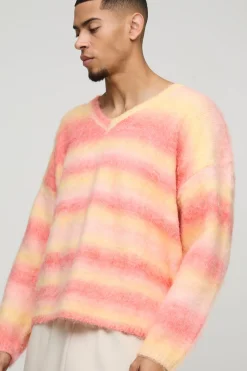 Pull tricoté oversize, coupe carrée, rayures brossées et col en V