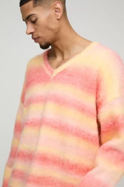 Pull tricoté oversize, coupe carrée, rayures brossées et col en V