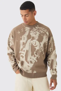 Pull tricoté oversize à motif de visage Renaissance