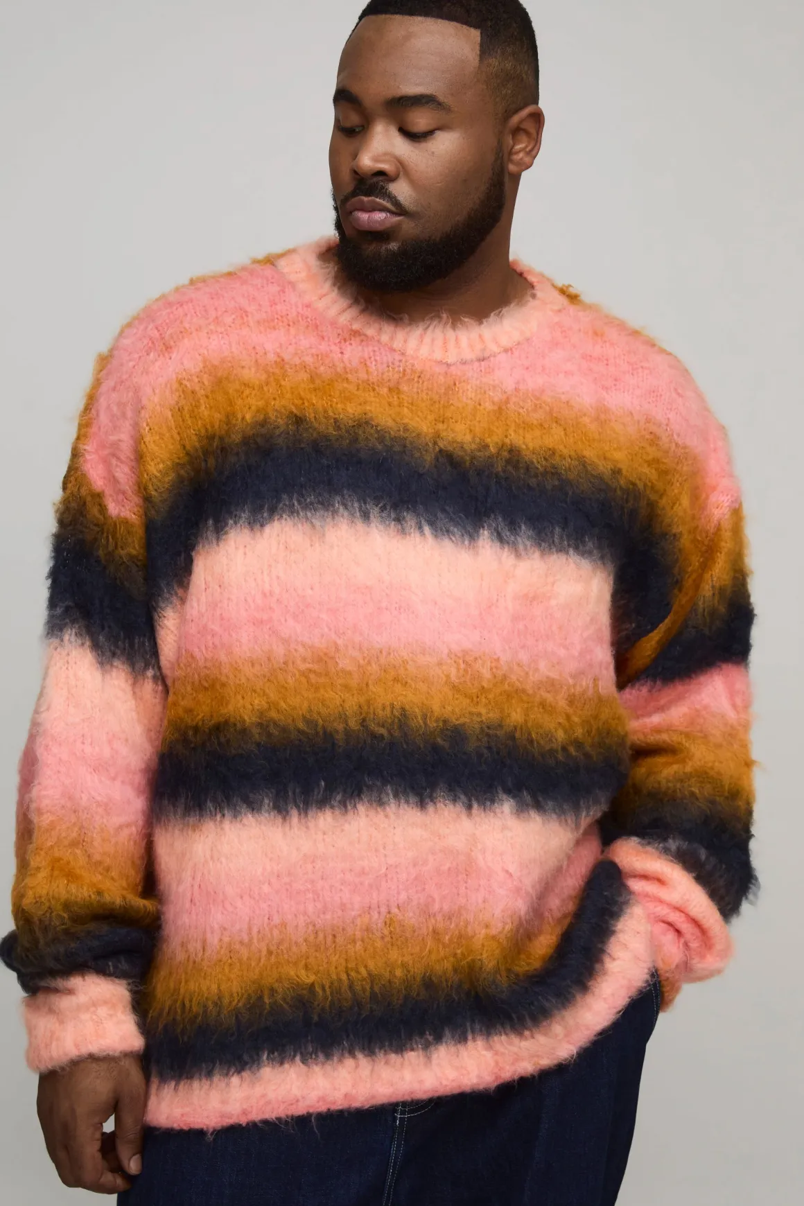 Pull tricoté oversize à rayures brossées Plus Boxy