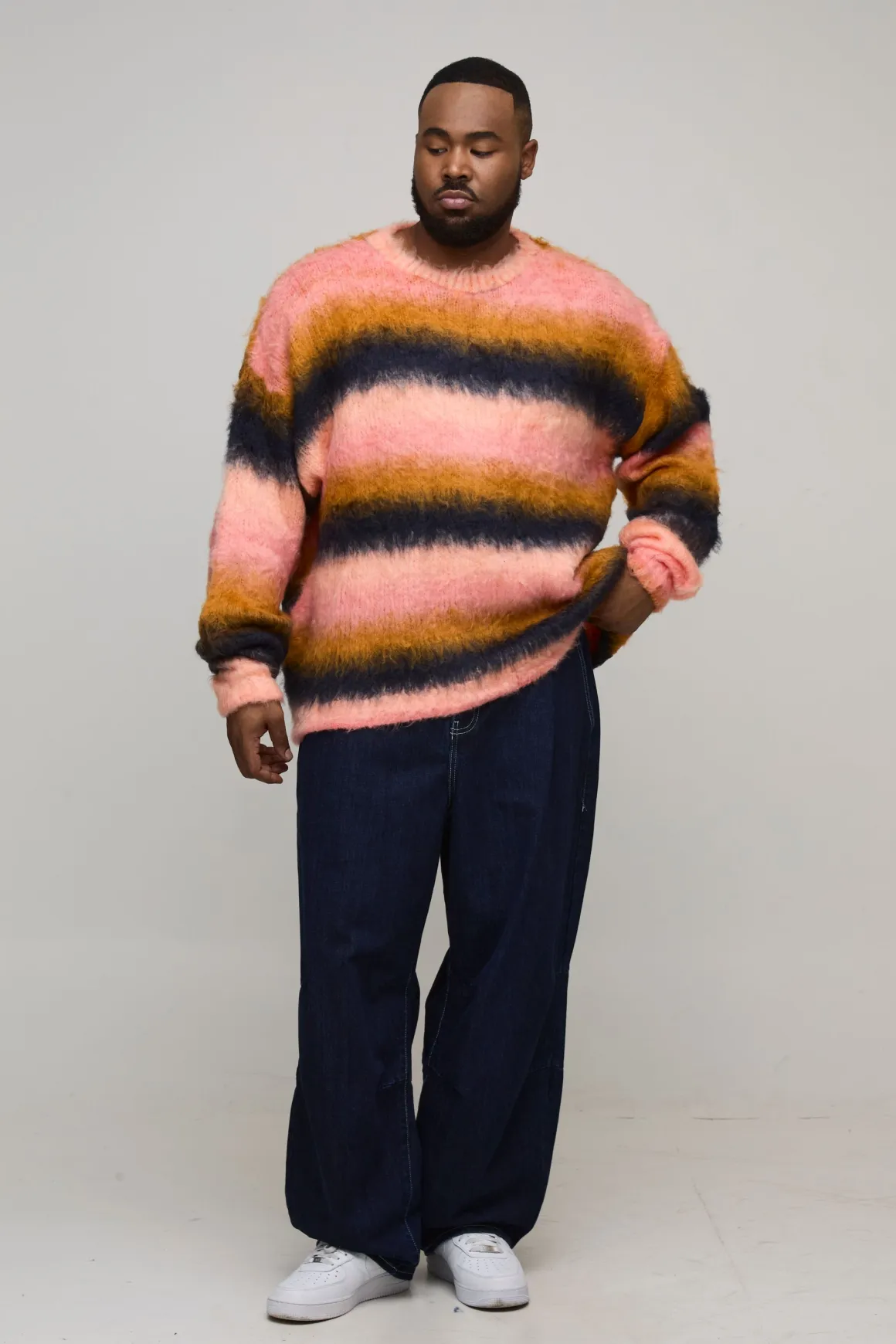 Pull tricoté oversize à rayures brossées Plus Boxy