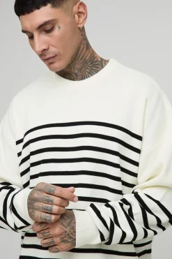 boohooMAN Pull tricoté rayé surdimensionné à col rond<Homme Tout Afficher|Mailles Tall