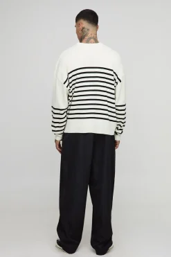 boohooMAN Pull tricoté rayé surdimensionné à col rond<Homme Tout Afficher|Mailles Tall