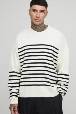 boohooMAN Pull tricoté rayé surdimensionné à col rond<Homme Tout Afficher|Mailles Tall