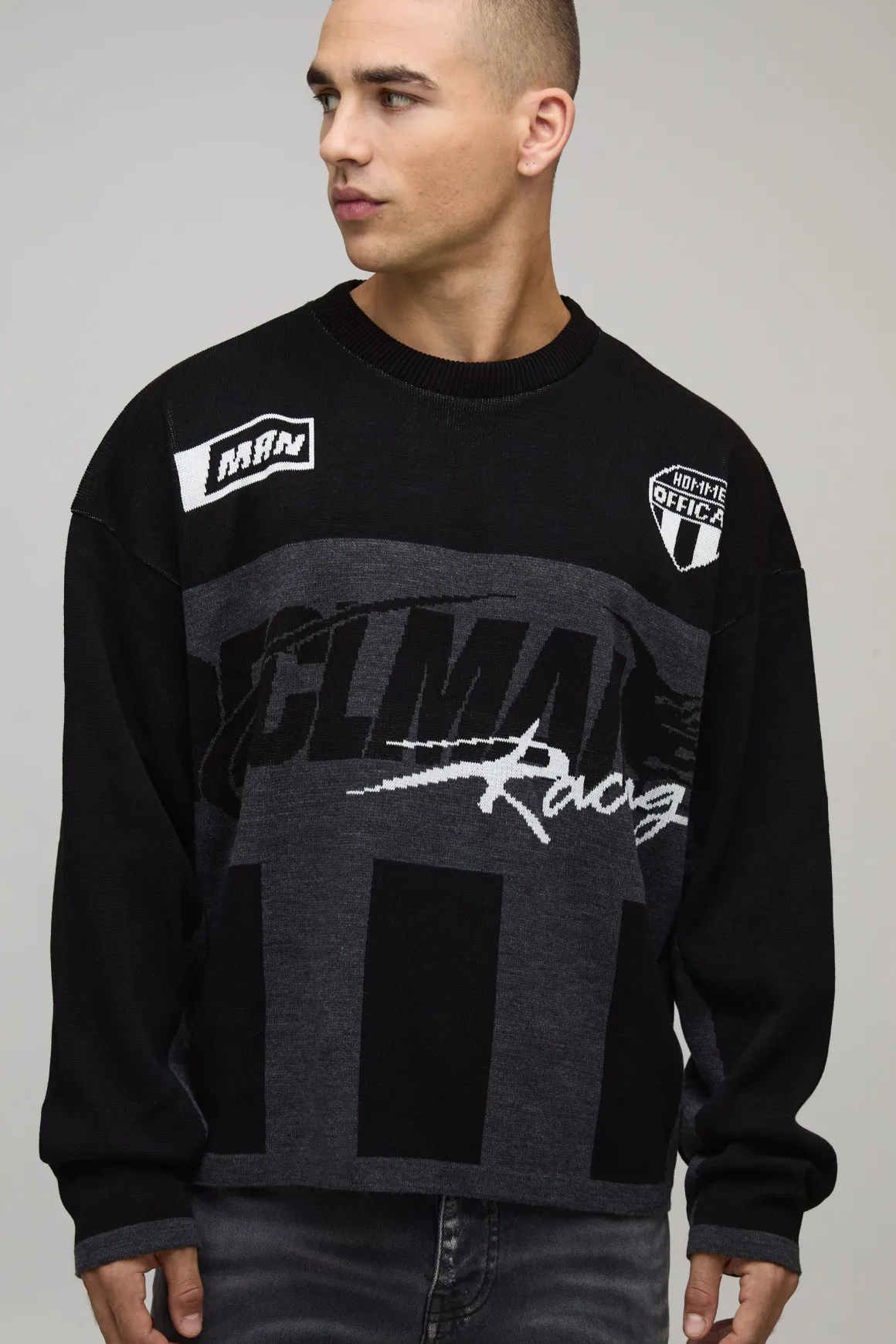 Pull tricoté surdimensionné à coupe boxy, style moto, en jacquard