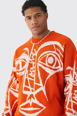 boohooMAN Pull tricoté surdimensionné à coupe boxy et motif abstrait de lignes<Homme Tout Afficher|Maille