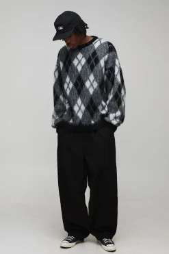 Pull tricoté surdimensionné et long à motif diamant argyle