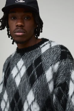 Pull tricoté surdimensionné et long à motif diamant argyle