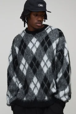 Pull tricoté surdimensionné et long à motif diamant argyle