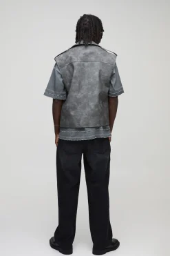 boohooMAN Regular Fit Sleeveless Biker Jacket Washed Look synthétique<Homme Manteaux Et Vestes