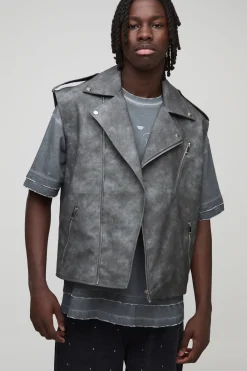 boohooMAN Regular Fit Sleeveless Biker Jacket Washed Look synthétique<Homme Manteaux Et Vestes