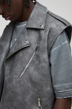 boohooMAN Regular Fit Sleeveless Biker Jacket Washed Look synthétique<Homme Manteaux Et Vestes
