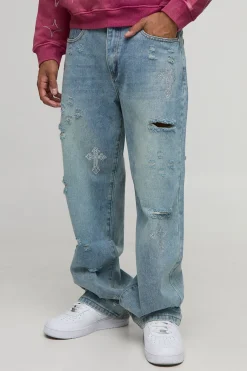 Relaxed Fit Rhinestone Cross Ripped Jeans