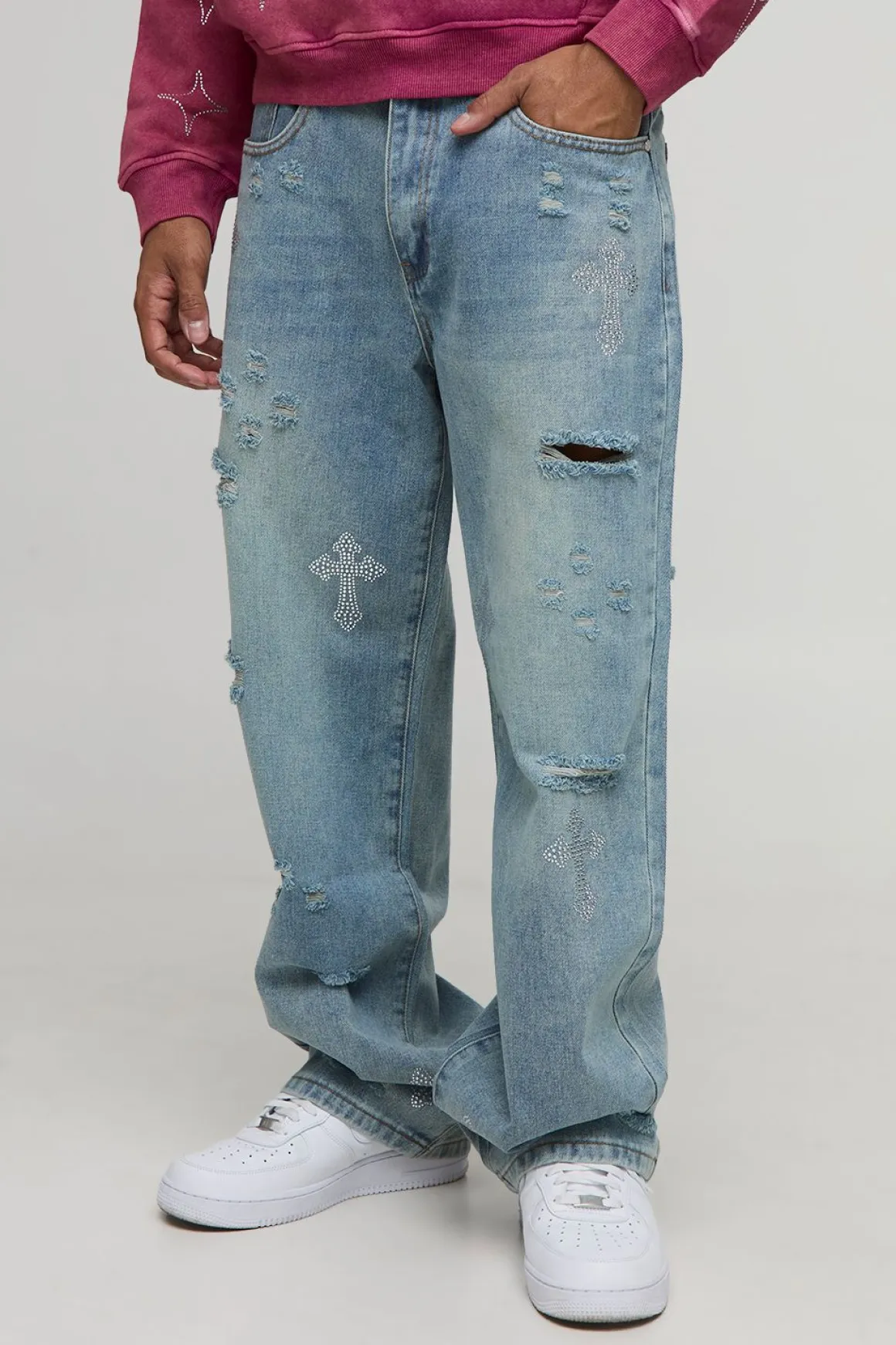 Relaxed Fit Rhinestone Cross Ripped Jeans