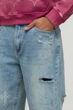 Relaxed Fit Rhinestone Cross Ripped Jeans