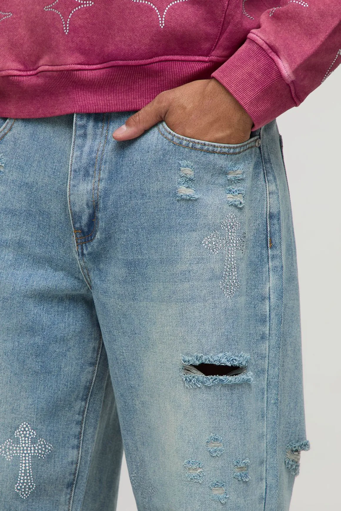 Relaxed Fit Rhinestone Cross Ripped Jeans