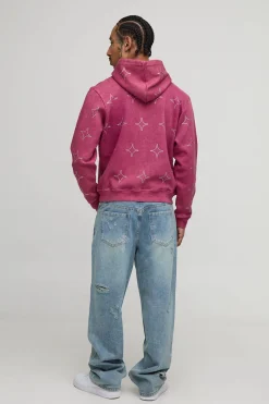 Relaxed Fit Rhinestone Cross Ripped Jeans