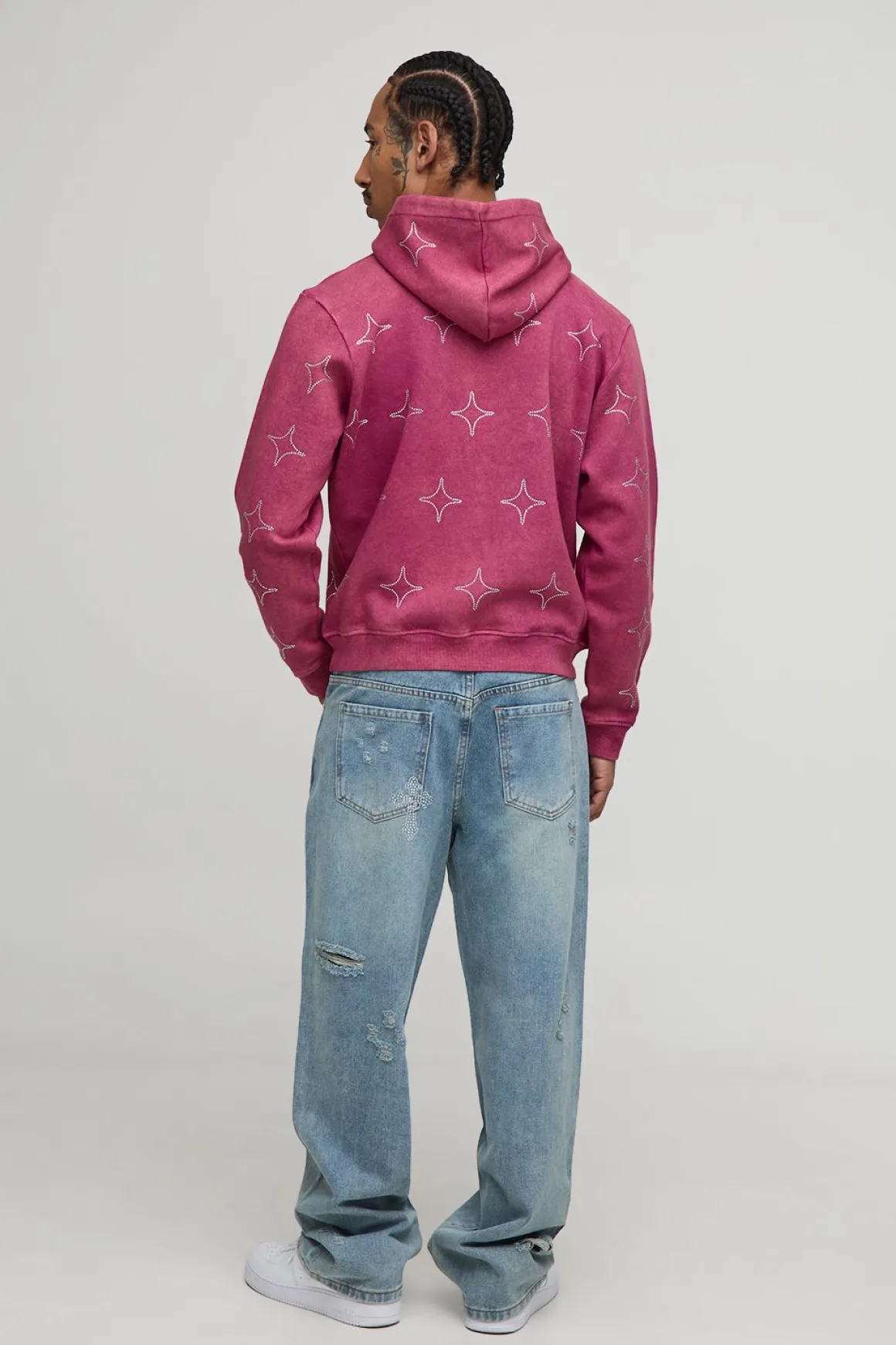 Relaxed Fit Rhinestone Cross Ripped Jeans