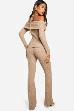 Rib Knit Bardot Ourlet Fendu Haut & Pantalon Évasé Coordonné