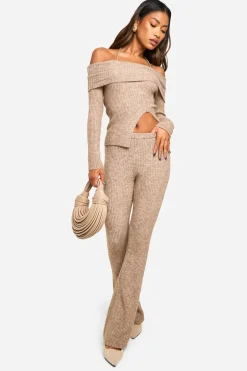 Rib Knit Bardot Ourlet Fendu Haut & Pantalon Évasé Coordonné