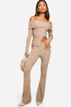 Rib Knit Bardot Ourlet Fendu Haut & Pantalon Évasé Coordonné