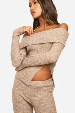 Rib Knit Bardot Ourlet Fendu Haut & Pantalon Évasé Coordonné