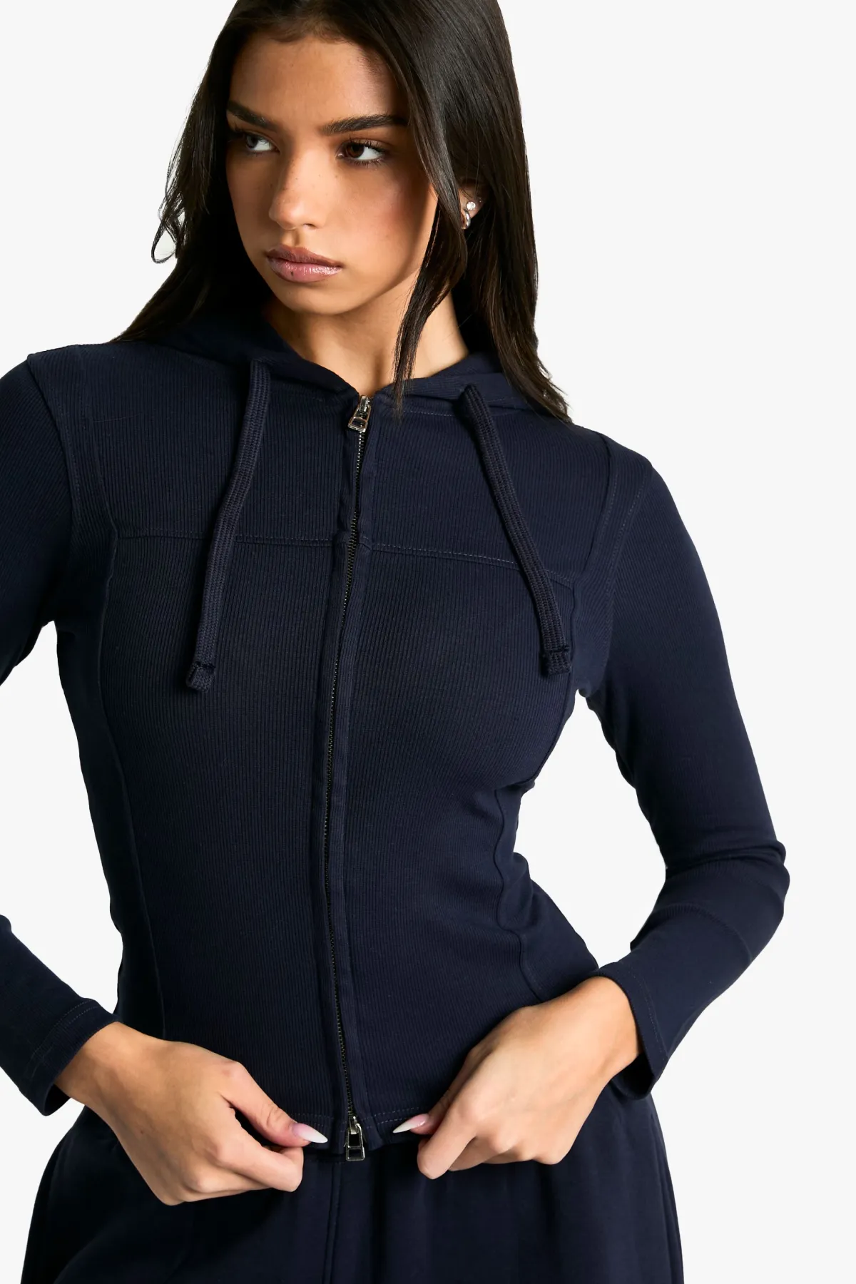 boohoo Rib Seam Detail Hoodie and Straight Leg Jogger Tracksuit<Femme Survêtements|Survêtements