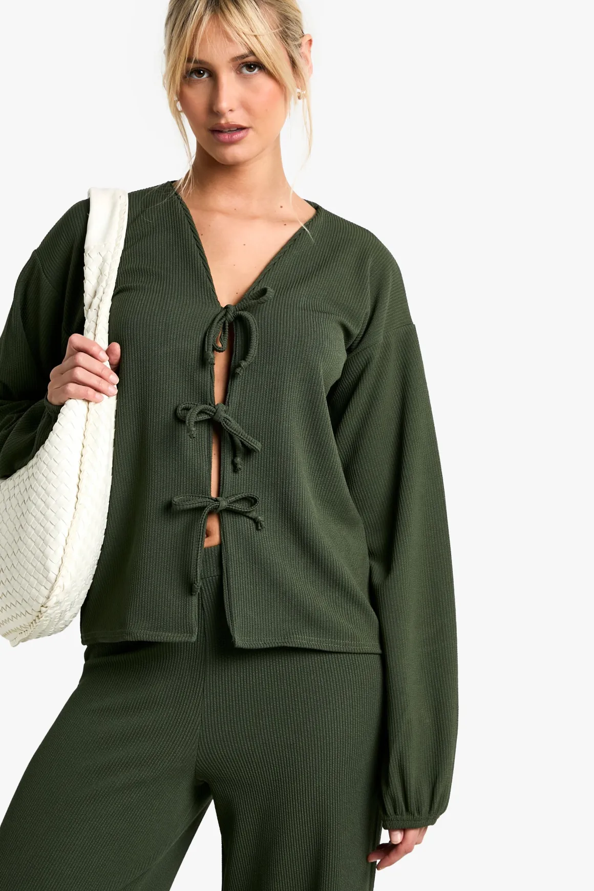 Rib Tie Front Blouse and Trouser Co-ord