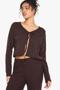 Rib Tie Front Long Sleeve Top And Drawstring Straght Leg Trouser Set