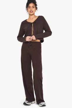 Rib Tie Front Long Sleeve Top And Drawstring Straght Leg Trouser Set