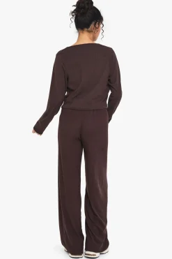 Rib Tie Front Long Sleeve Top And Drawstring Straght Leg Trouser Set