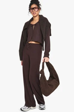 Rib Tie Front Long Sleeve Top And Drawstring Straght Leg Trouser Set