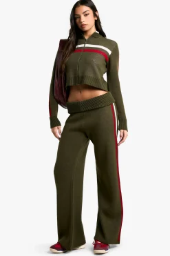 boohoo Rib tricoté en côtes à col haut avec fermeture éclair intégrale et pantalon évasé à ceinture rabattable<Femme Pulls Et Gilets|Toutes Les Mailles
