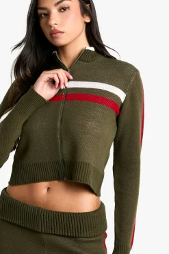 boohoo Rib tricoté en côtes à col haut avec fermeture éclair intégrale et pantalon évasé à ceinture rabattable<Femme Pulls Et Gilets|Toutes Les Mailles