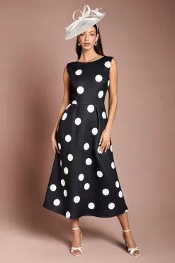 Robe Ajustée Et Évasée En Scuba À Imprimé À Pois