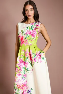 Robe Ajustée Évasée En Scuba À Imprimé Floral Placé