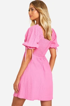 Robe babydoll texturée à manches bouffantes