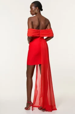 Robe à bande, tricotée et tissée, avec décolleté Bardot et détail de jupe