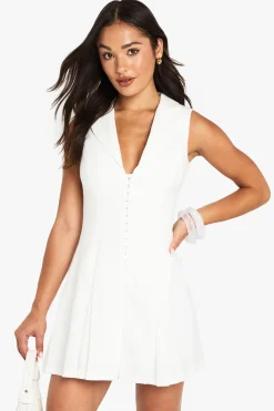 Robe Blazer Cintrée Petite Taille Sans Manches Avec Détail D'agrafes Et Taille Froncée