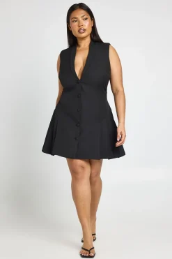 Robe Blazer Patineuse Plissée Sans Manches Ajustée Grande Taille