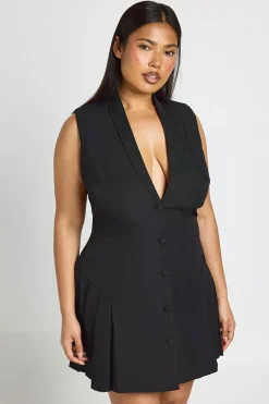Robe Blazer Patineuse Plissée Sans Manches Ajustée Grande Taille